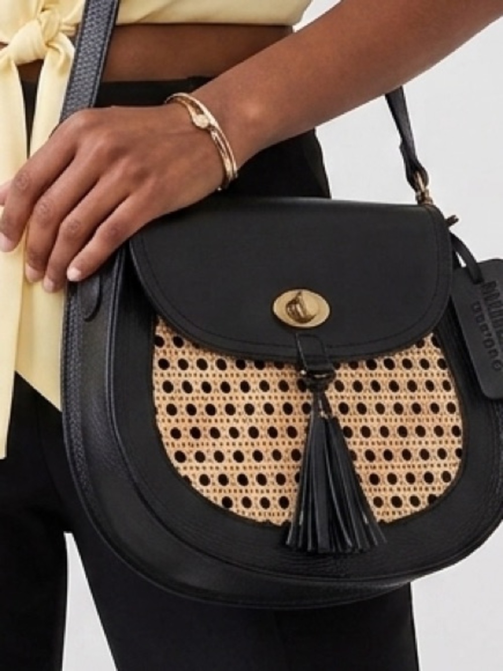 Made in Indonesia - Black Leather and Rattan Saddle Bag Purse